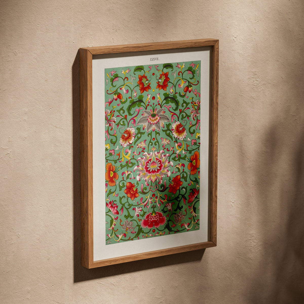 Grammar of Ornament Pl. LXXVII - Owen Jones - Leaves, poster in an oak frame leaning on a textured wall