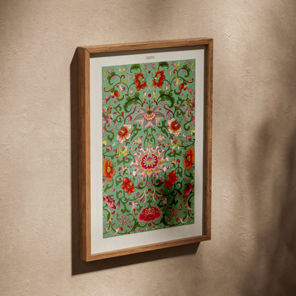 Grammar of Ornament Pl. LXXVII - Owen Jones - Leaves, poster in an oak frame leaning on a textured wall
