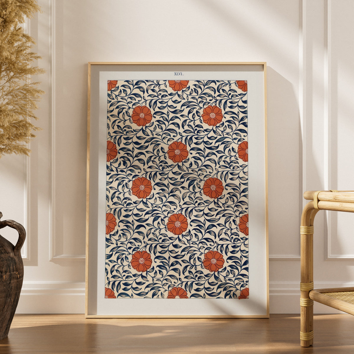 Grammar of Ornament Pl. XLVI - Owen Jones, framed poster in an elegant interior, dried grasses and a rattan chair