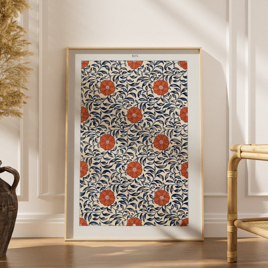 Grammar of Ornament Pl. XLVI - Owen Jones, affiche encadrée dans un intérieur élégant, herbes séchées et chaise en rotin