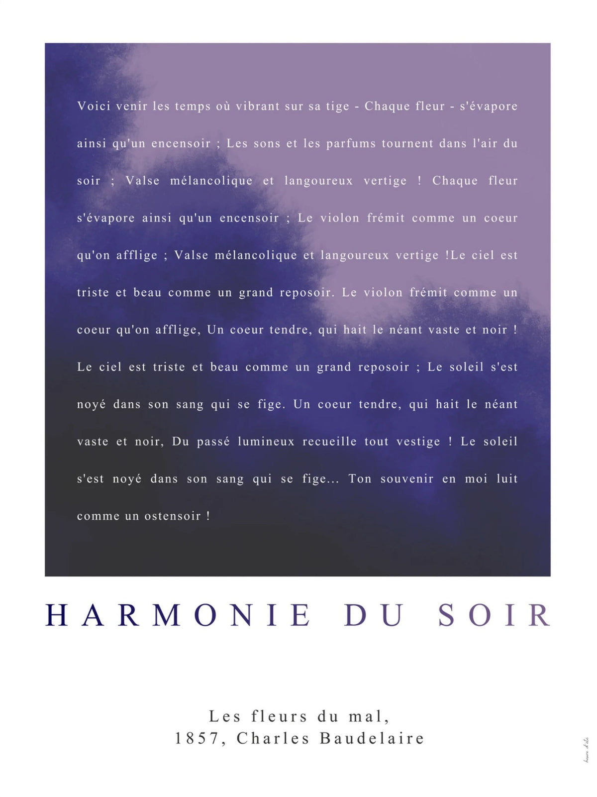 Harmonie du soir - Baudelaire | Poster Poésie, l'affiche seule, papier épais mat éco-responsable