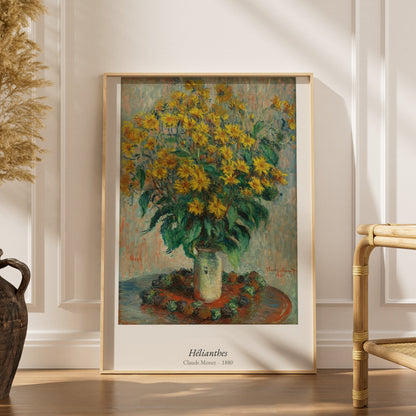 Hélianthes, Claude Monet | Affiche Art Premium, affiche encadrée dans un intérieur élégant, herbes séchées et chaise en rotin
