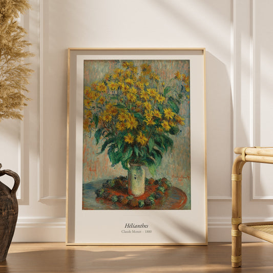 Hélianthes, Claude Monet | Affiche Art Premium, affiche encadrée dans un intérieur élégant, herbes séchées et chaise en rotin