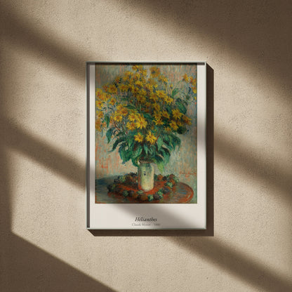 Hélianthes, Claude Monet | Affiche Art Premium, affiche encadrée sur un mur beige, ombres de fenêtre
