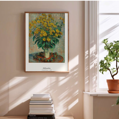 Hélianthes, Claude Monet | Affiche Art Premium, affiche encadrée au-dessus d'une pile de livres