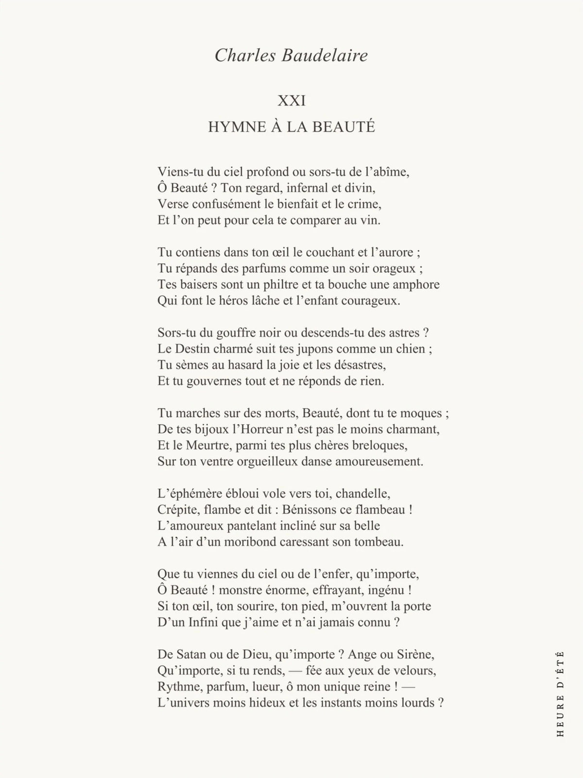 Hymne à la beauté - Charles Baudelaire | Poster Poésie, l'affiche seule, papier épais mat éco-responsable, format 30x40 cm