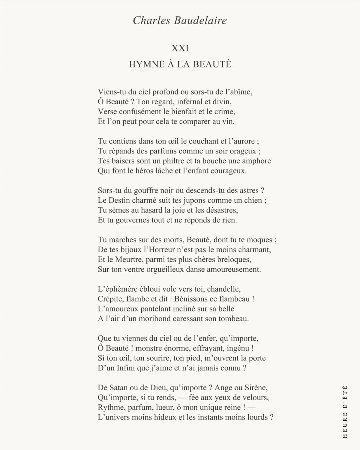 Hymne à la beauté - Charles Baudelaire | Poster Poésie, l'affiche seule, papier épais mat éco-responsable, format 40x50 cm