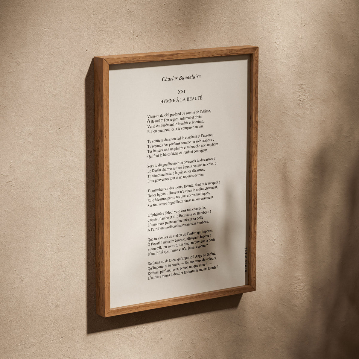 Hymn to Beauty - Charles Baudelaire | Poetry Poster, poster in an oak frame leaning on a textured wall