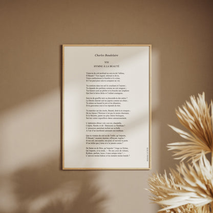 Hymn to Beauty - Charles Baudelaire | Poetry Poster, framed poster on a beige wall, pampas grass in the foreground