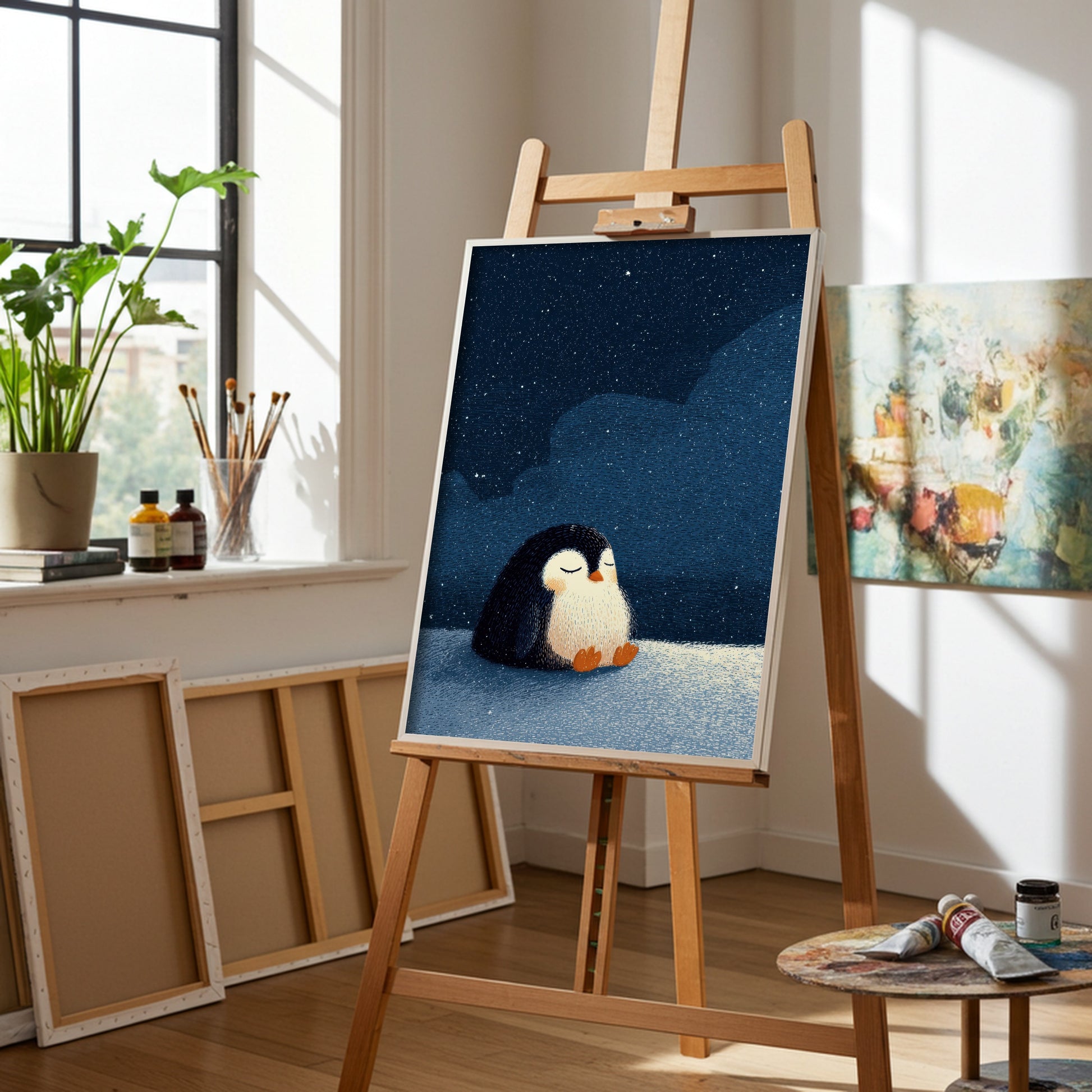 Affiche enfant - Pingouin sous les étoiles - vue chevalet
