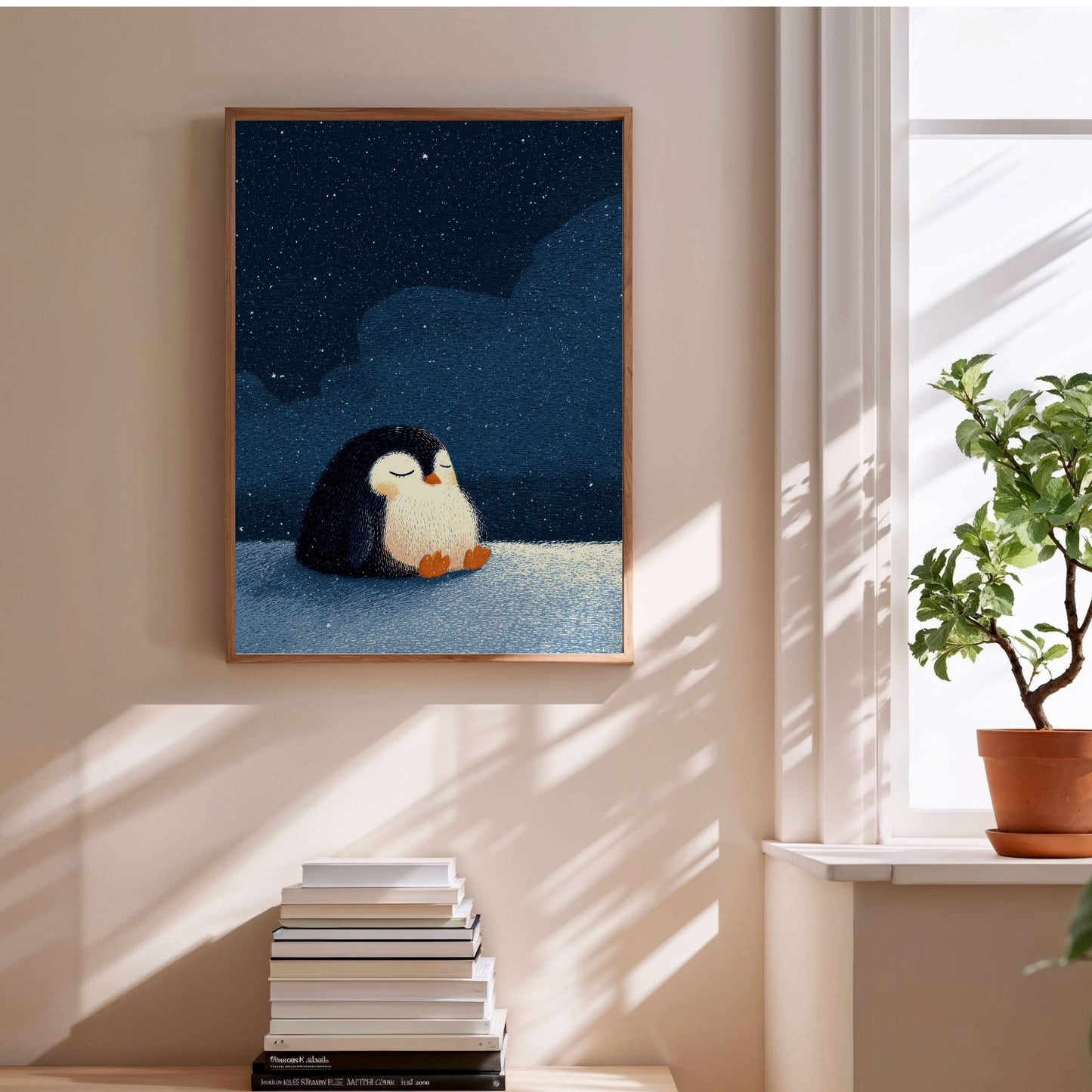 Affiche enfant - Pingouin sous les étoiles en situation