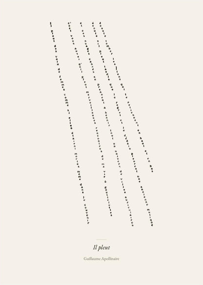 Il Pleut - Apollinaire - Affiche Calligramme Poésie, l'affiche seule, papier épais mat éco-responsable