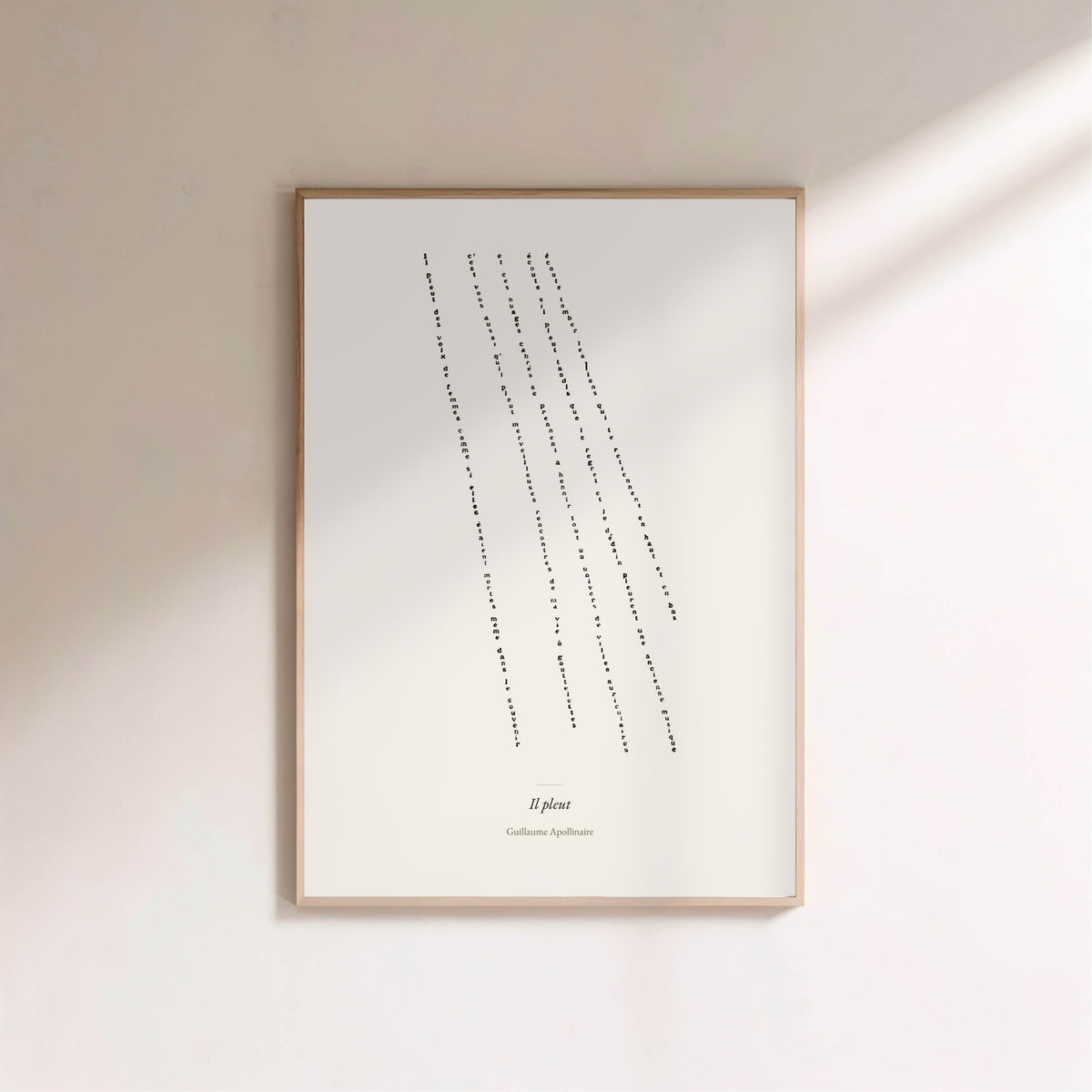 Il Pleut - Apollinaire - Affiche Calligramme Poésie, affiche encadrée sur un mur clair