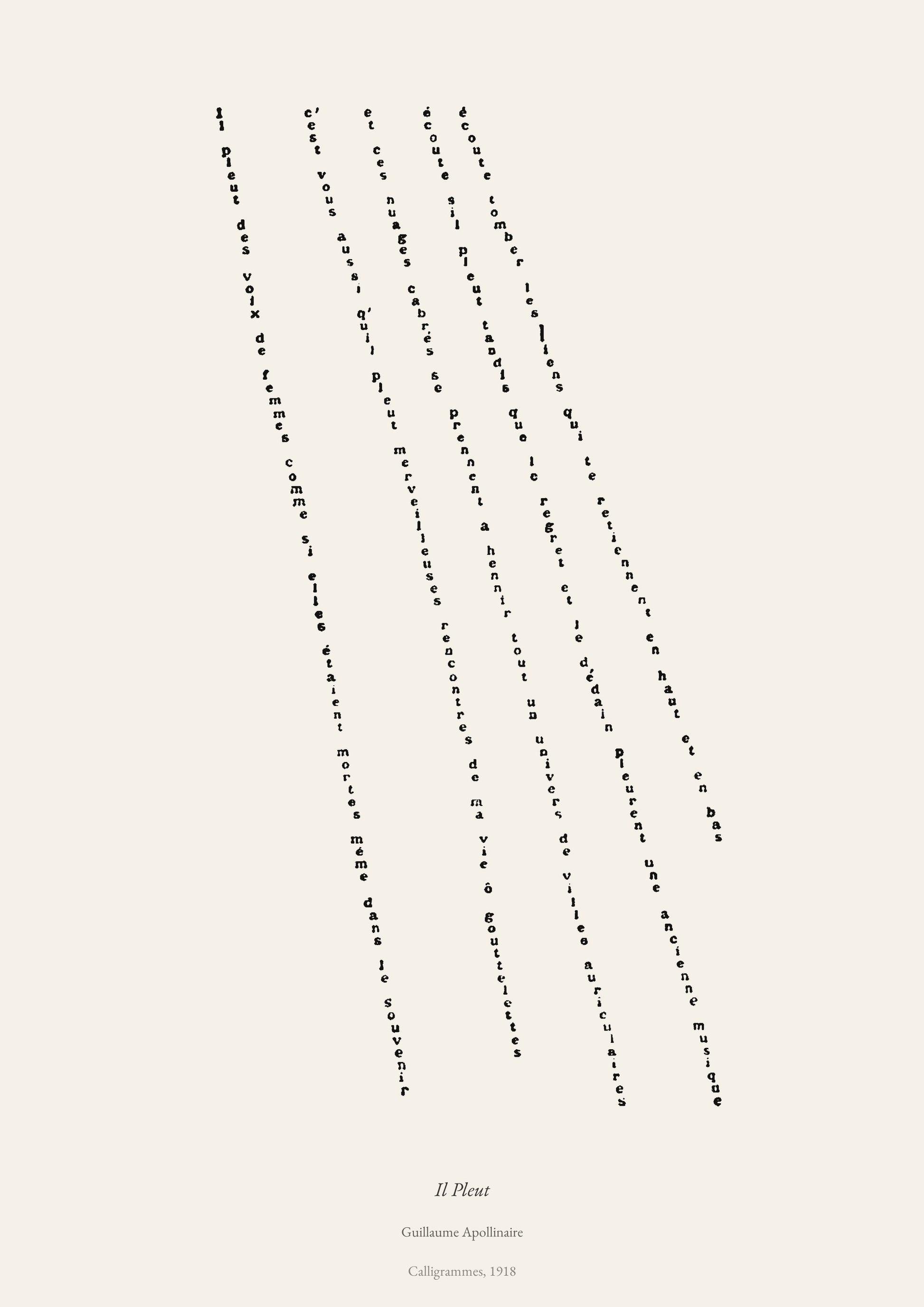 Il Pleut, Guillaume Apollinaire | Calligramme Affiche Premium | Heure d'Été Studio