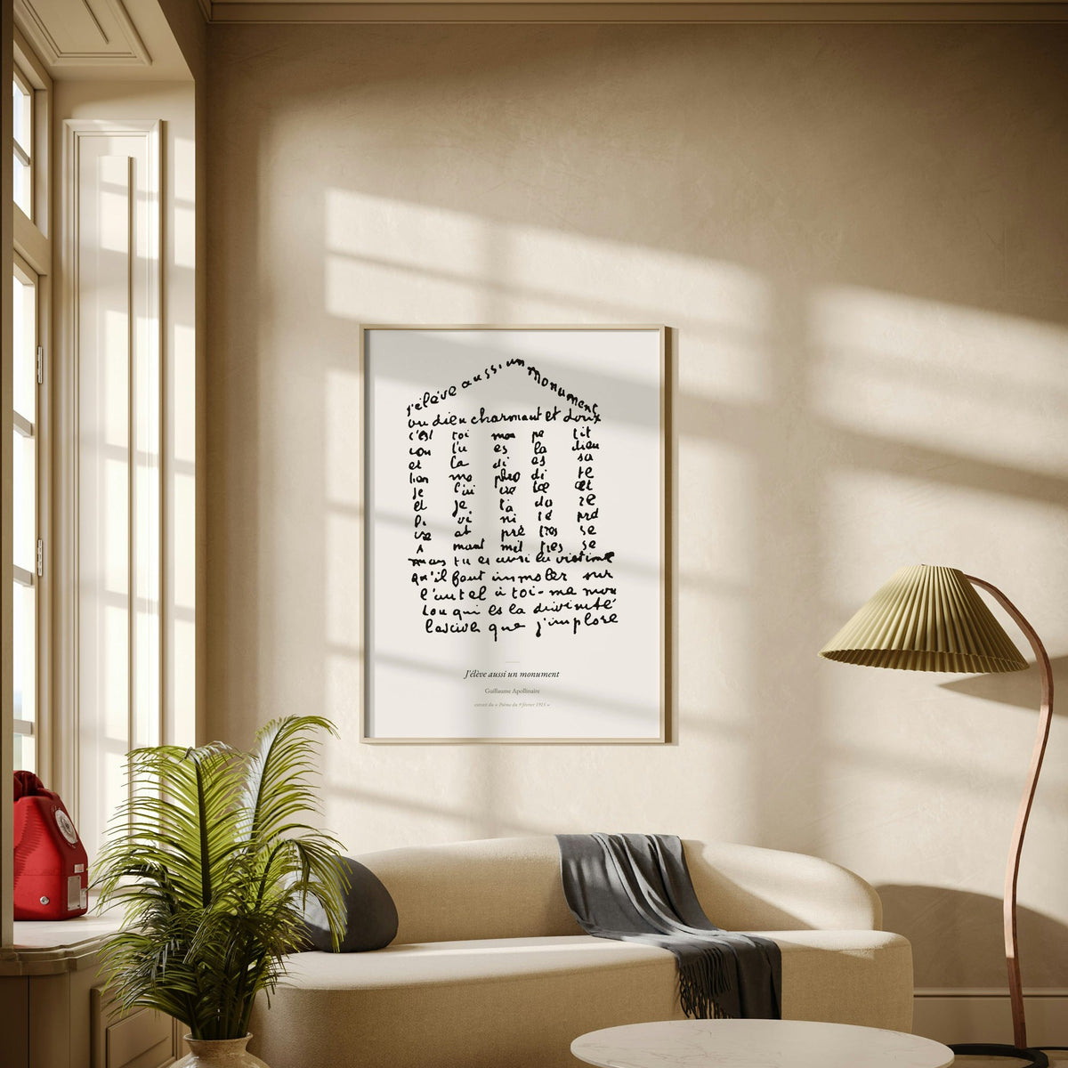 J'élève aussi un monument - Apollinaire - Affiche Calligramme, affiche encadrée au-dessus d'un canapé clair