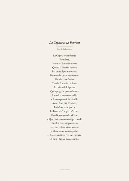 La Cigale et la Fourmi - Fontaine - Affiche Fable Littéraire, l'affiche seule, papier épais mat éco-responsable