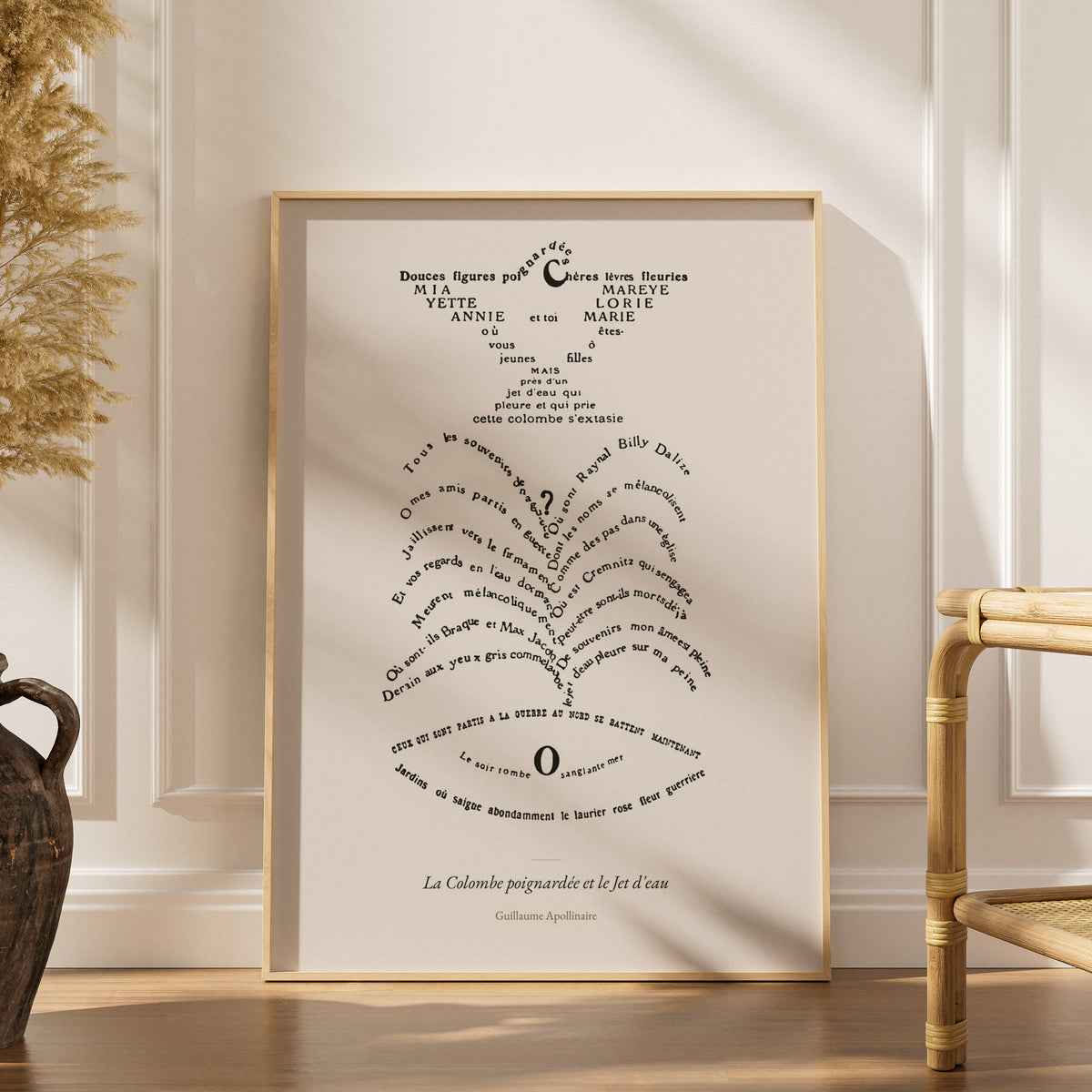 The Stabbed Dove and the Fountain, Apollinaire, framed poster in an elegant interior, dried grasses and a rattan chair
