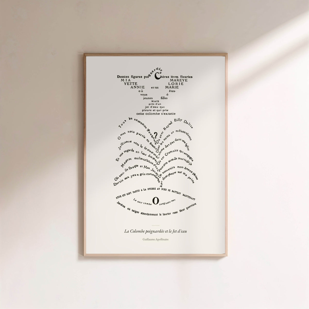 The Stabbed Dove and the Fountain, Apollinaire, framed poster on a light wall
