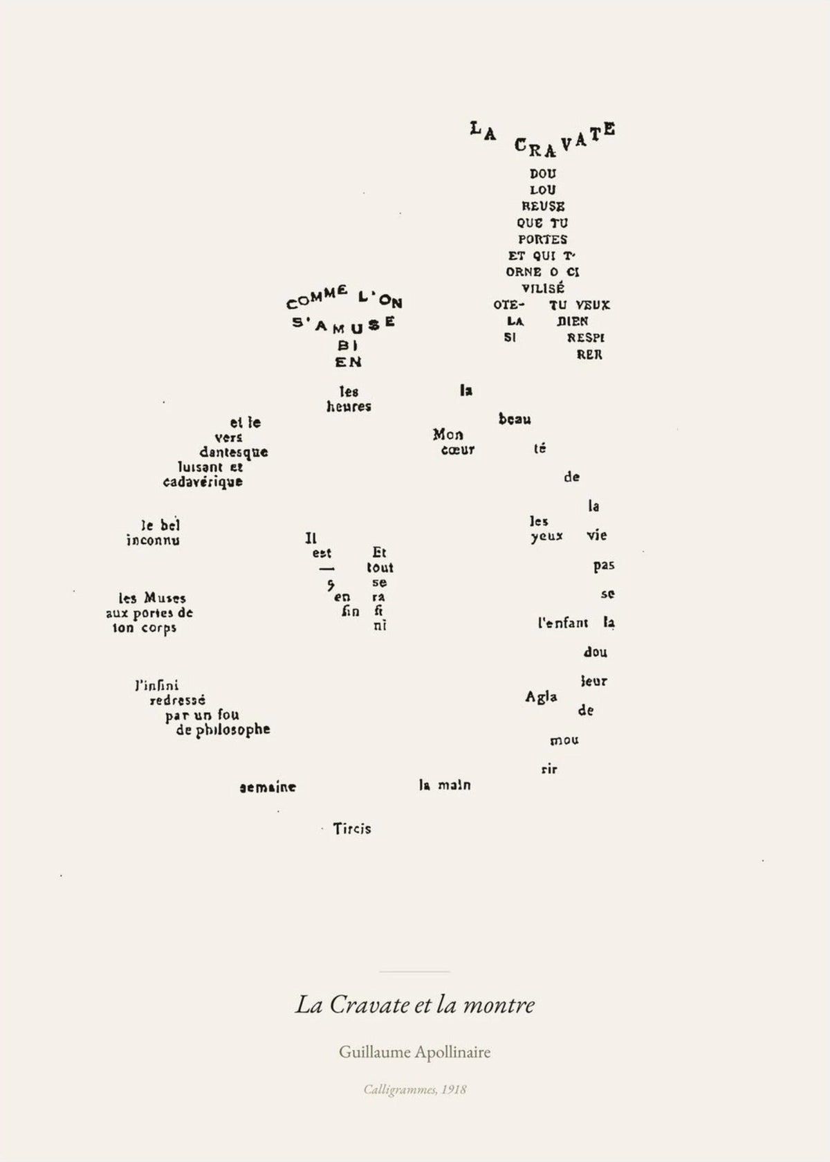 La Cravate et la montre - Apollinaire - Affiche Calligramme, l'affiche seule, papier épais mat éco-responsable