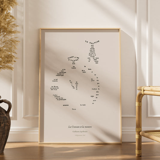 La Cravate et la montre - Apollinaire - Affiche Calligramme, affiche encadrée dans un intérieur élégant, herbes séchées et ch