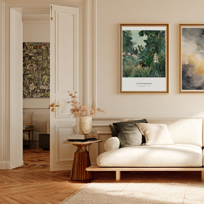 La Forêt équatoriale, Henri Rousseau, affiche encadrée dans un salon haussmannien