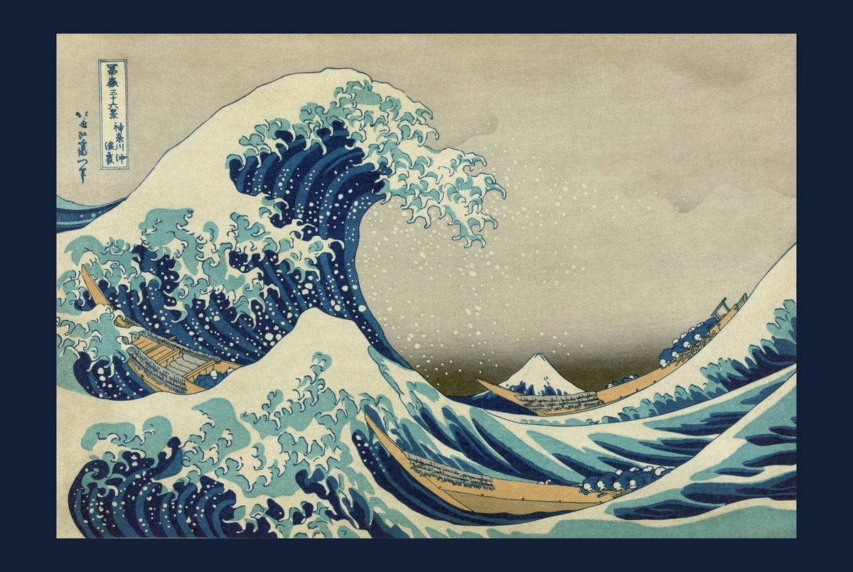 Hokusai Great Wave print, 24x16 in fine art, shown flat with its Prussian blue border