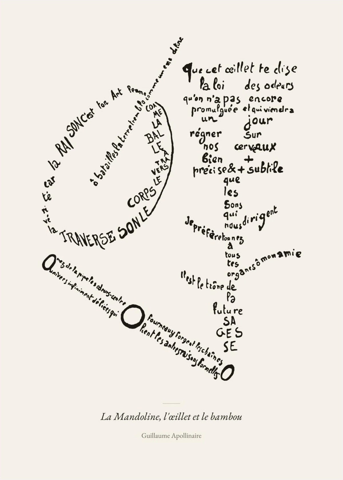 La Mandoline, l'œillet et le bambou - Apollinaire - Affiche Calligramme, l'affiche seule, papier épais mat éco-responsable