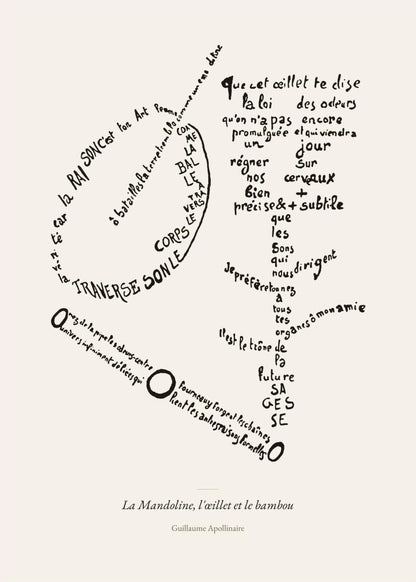 La Mandoline, l'œillet et le bambou - Apollinaire - Affiche Calligramme, l'affiche seule, papier épais mat éco-responsable