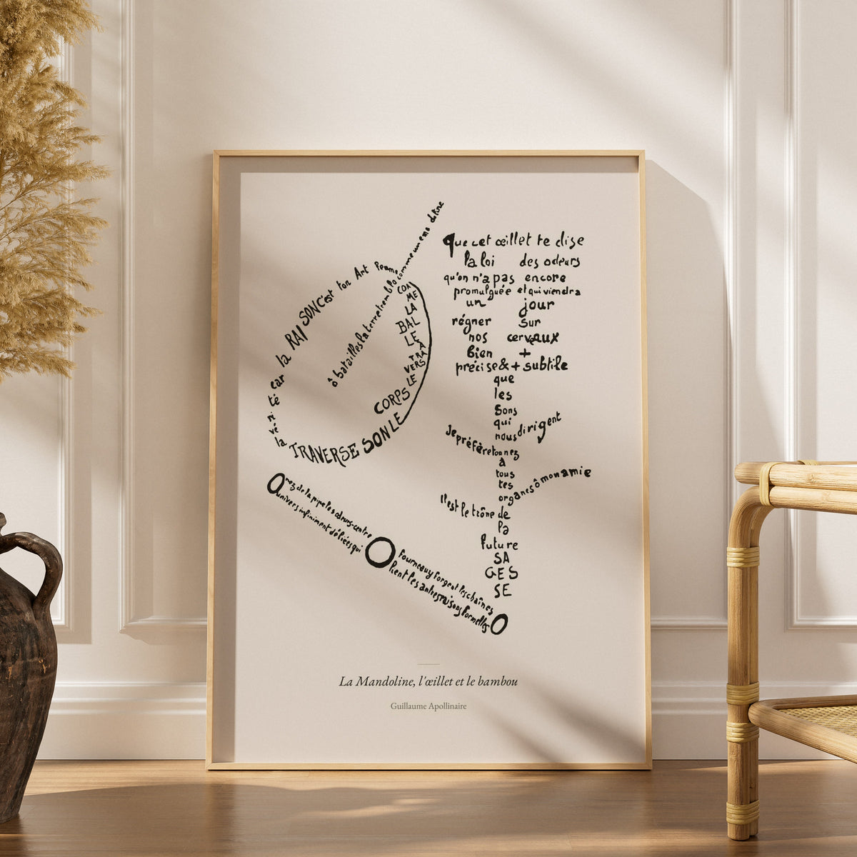 La Mandoline, l'œillet et le bambou - Apollinaire - Affiche Calligramme, affiche encadrée dans un intérieur élégant, herbes s