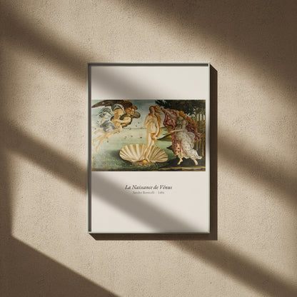 La Naissance de Vénus, Botticelli | Affiche Art Premium, affiche encadrée sur un mur beige, ombres de fenêtre