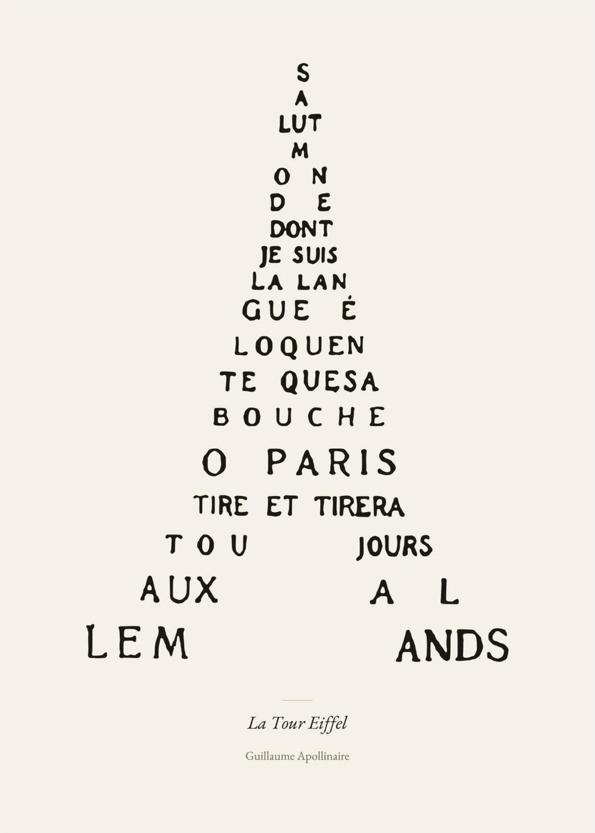 La Tour Eiffel - Apollinaire - Affiche Calligramme Poésie, l'affiche seule, papier épais mat éco-responsable
