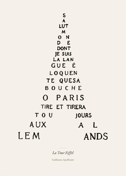 La Tour Eiffel - Apollinaire - Affiche Calligramme Poésie, l'affiche seule, papier épais mat éco-responsable
