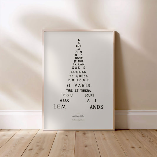 La Tour Eiffel - Apollinaire - Affiche Calligramme Poésie, affiche encadrée posée au sol, cadre bois clair