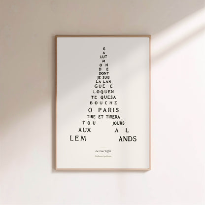 La Tour Eiffel - Apollinaire - Affiche Calligramme Poésie, affiche encadrée sur un mur clair
