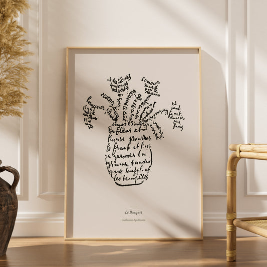 Le Bouquet - Apollinaire - Affiche Calligramme Fleurs, affiche encadrée dans un intérieur élégant, herbes séchées et chaise e