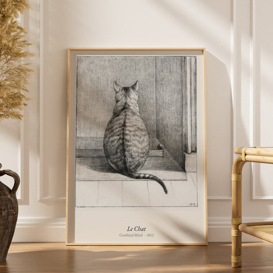 Le Chat, Gottfried Mind | Affiche Art Premium, affiche encadrée dans un intérieur élégant, herbes séchées et chaise en rotin