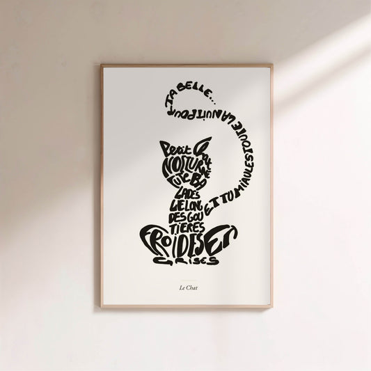 Le Chat | Affiche Calligramme inspirée d'Apollinaire, affiche encadrée sur un mur clair
