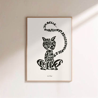 Le Chat | Affiche Calligramme inspirée d'Apollinaire, affiche encadrée sur un mur clair