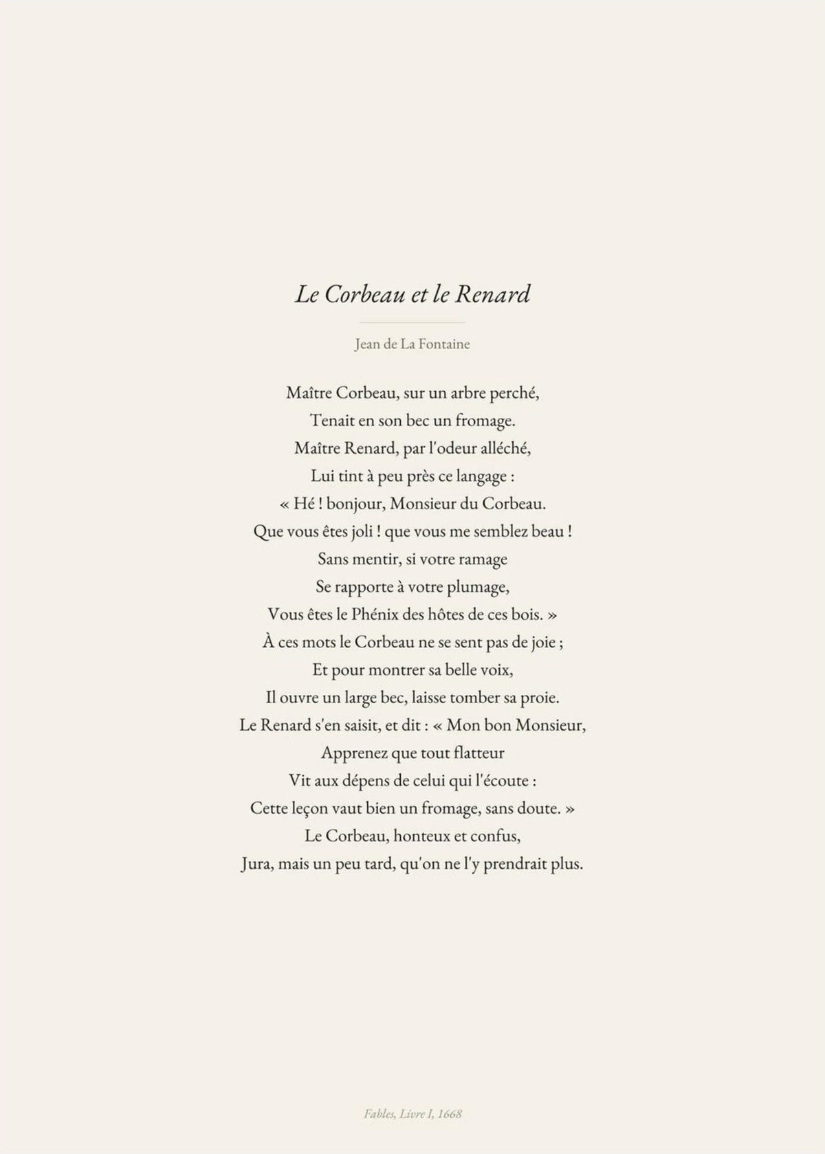 Le Corbeau et le Renard - Fontaine - Affiche Fable, l'affiche seule, papier épais mat éco-responsable