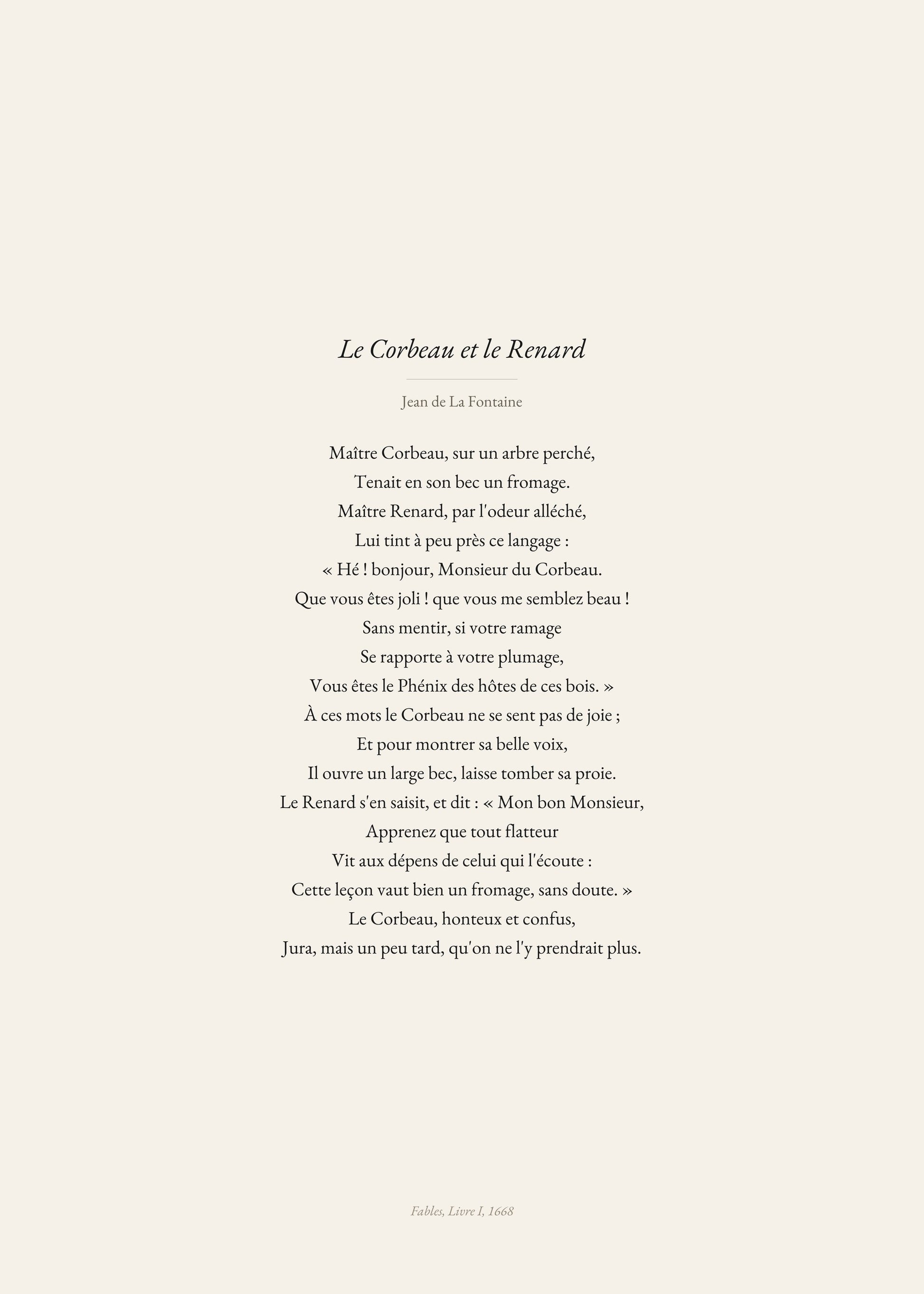 Le Corbeau et le Renard, Jean de La Fontaine | Affiche Poétique Premium | Heure d'Été Studio