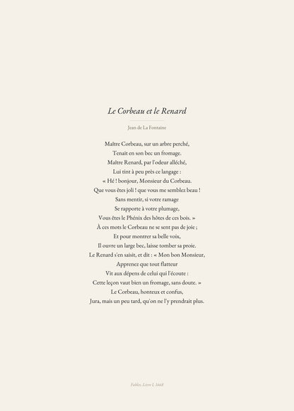 Le Corbeau et le Renard, Jean de La Fontaine | Affiche Poétique Premium | Heure d'Été Studio