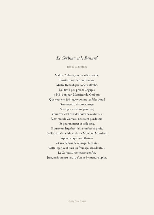 Le Corbeau et le Renard, Jean de La Fontaine | Affiche Poétique Premium | Heure d'Été Studio