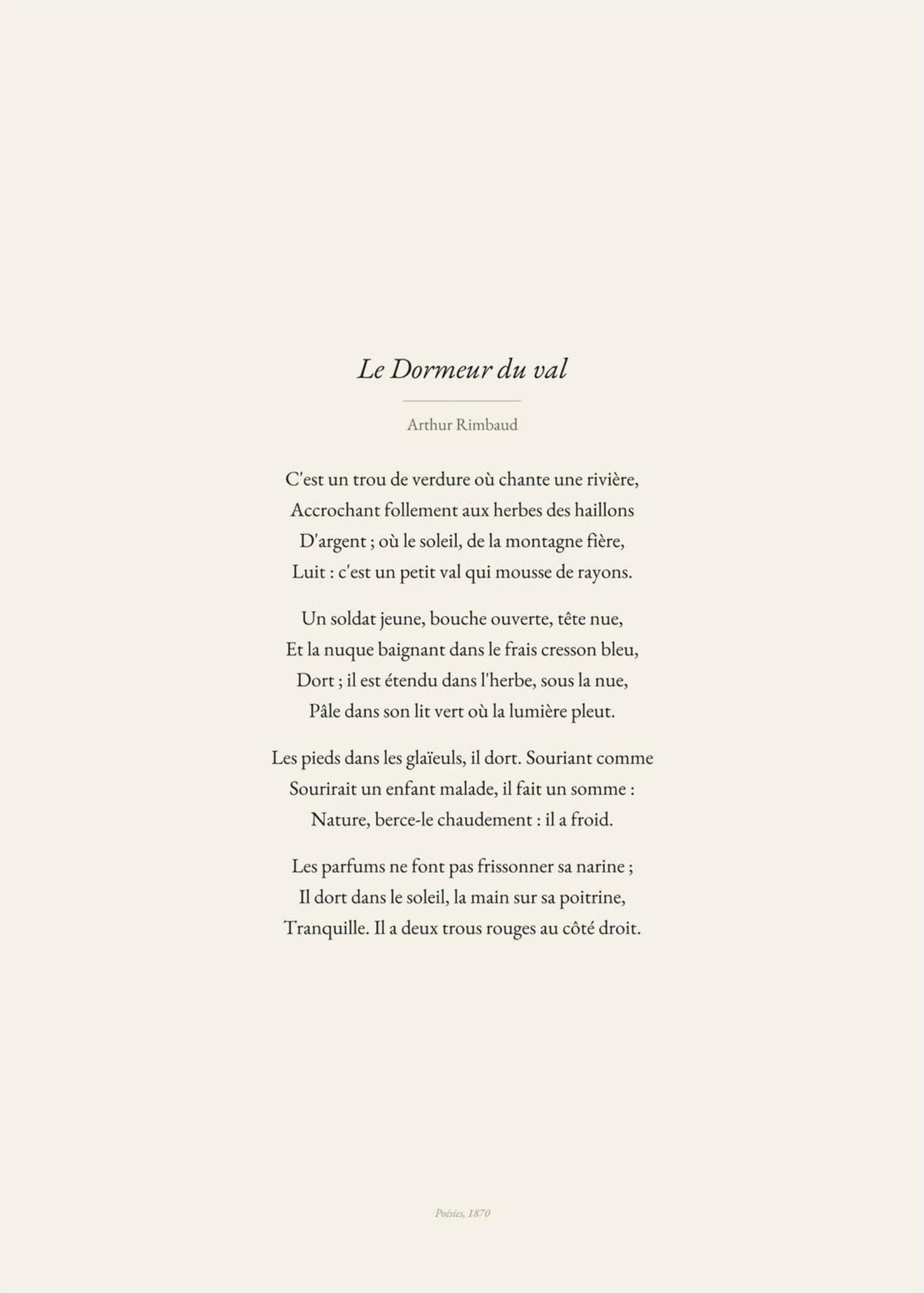 Le Dormeur du val - Rimbaud - Affiche Citation Poésie, l'affiche seule, papier épais mat éco-responsable