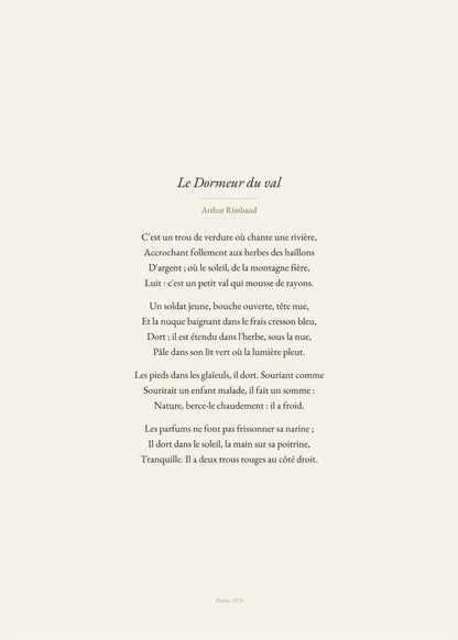 Le Dormeur du val - Rimbaud - Affiche Citation Poésie, l'affiche seule, papier épais mat éco-responsable