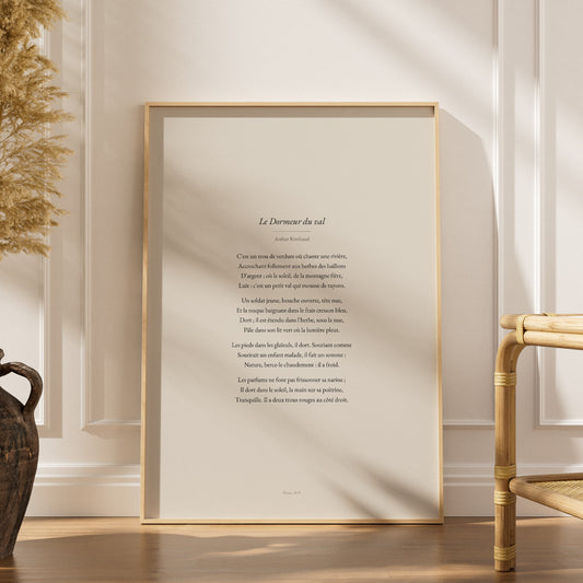 Le Dormeur du val - Rimbaud - Affiche Citation Poésie, affiche encadrée dans un intérieur élégant, herbes séchées et chaise e