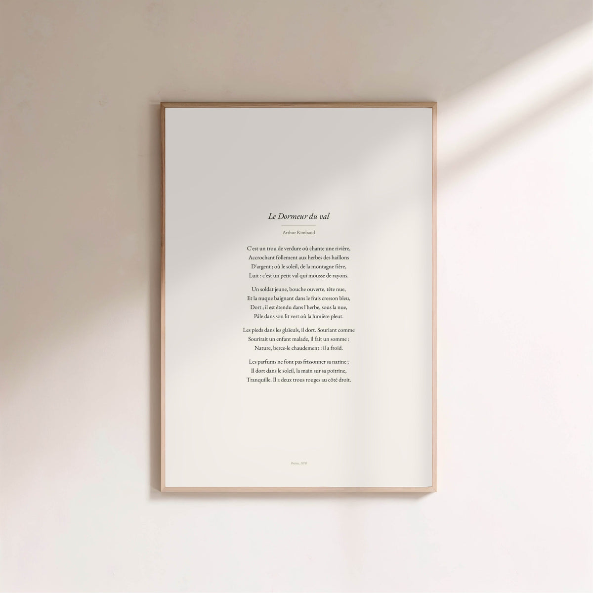 Le Dormeur du val - Rimbaud - Affiche Citation Poésie, affiche encadrée sur un mur clair