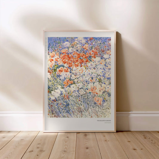Le Jardin de l'Ile - Childe Hassam - Affiche Impressionnisme Américain, affiche encadrée posée au sol, cadre bois clair