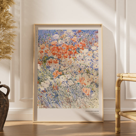Jardin de l'Ile - Childe Hassam - Affiche Impressionnisme, affiche encadrée dans un intérieur élégant, herbes séchées et chai