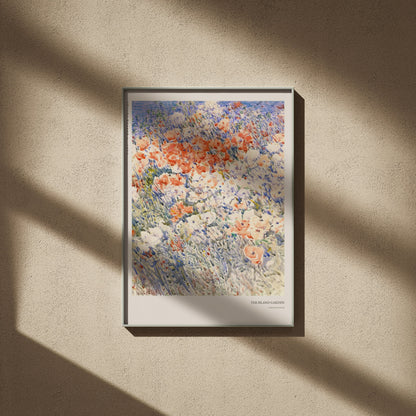 Jardin de l'Ile - Childe Hassam - Affiche Impressionnisme, affiche encadrée sur un mur beige, ombres de fenêtre
