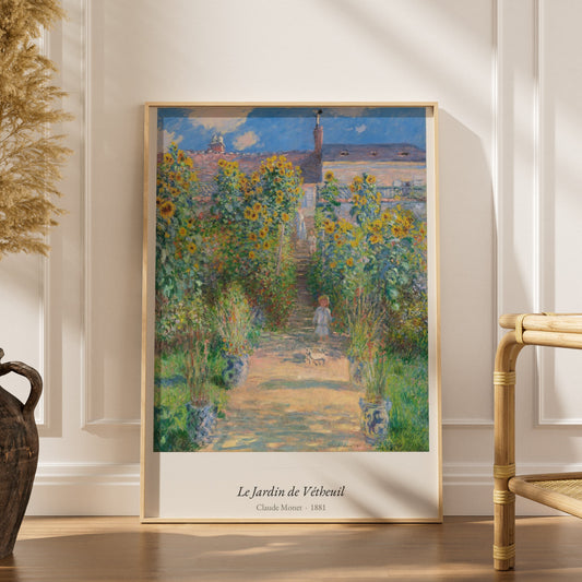 Le Jardin de Vétheuil, Claude Monet, affiche encadrée dans un intérieur élégant, herbes séchées et chaise en rotin